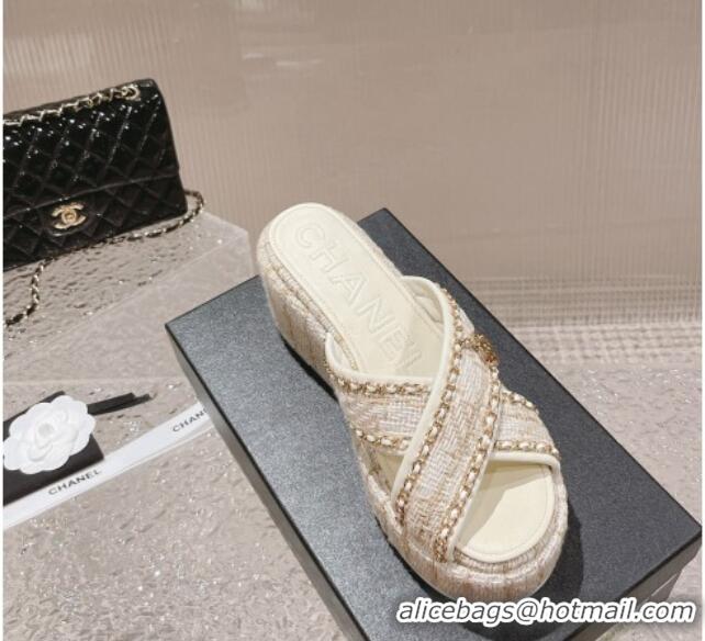 Good Looking Chanel Tweed Platform Slide Sandals 7cm with Chain and CC Tag Beige 525004