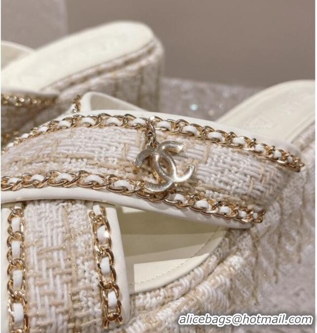 Good Looking Chanel Tweed Platform Slide Sandals 7cm with Chain and CC Tag Beige 525004