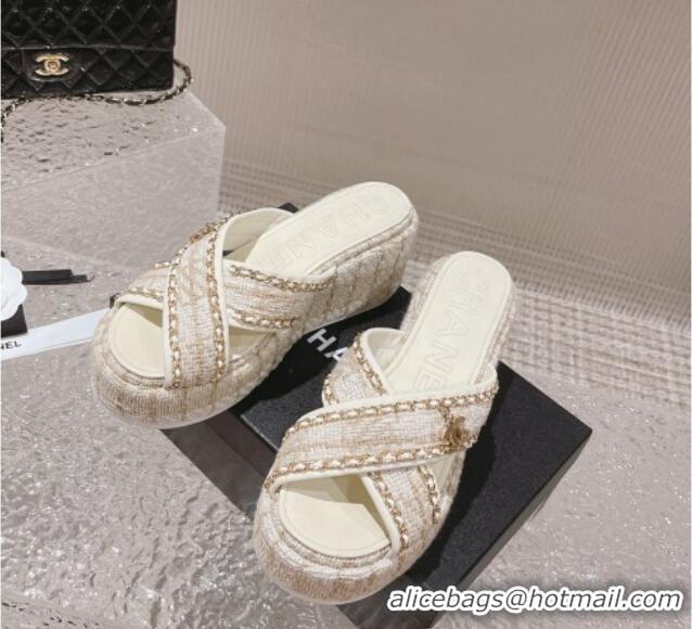 Good Looking Chanel Tweed Platform Slide Sandals 7cm with Chain and CC Tag Beige 525004