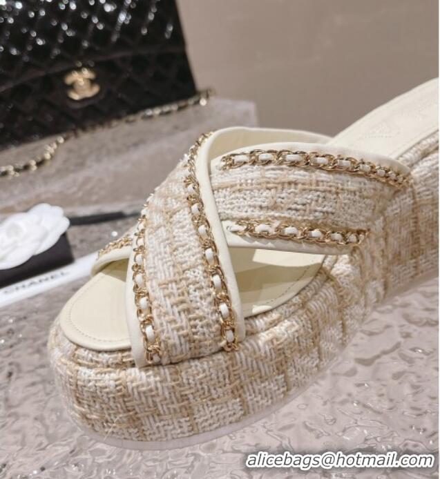 Good Looking Chanel Tweed Platform Slide Sandals 7cm with Chain and CC Tag Beige 525004