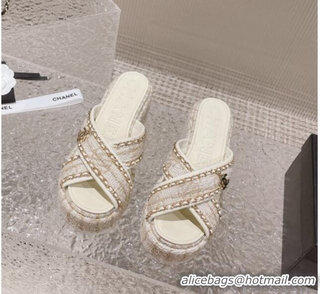 Good Looking Chanel Tweed Platform Slide Sandals 7cm with Chain and CC Tag Beige 525004