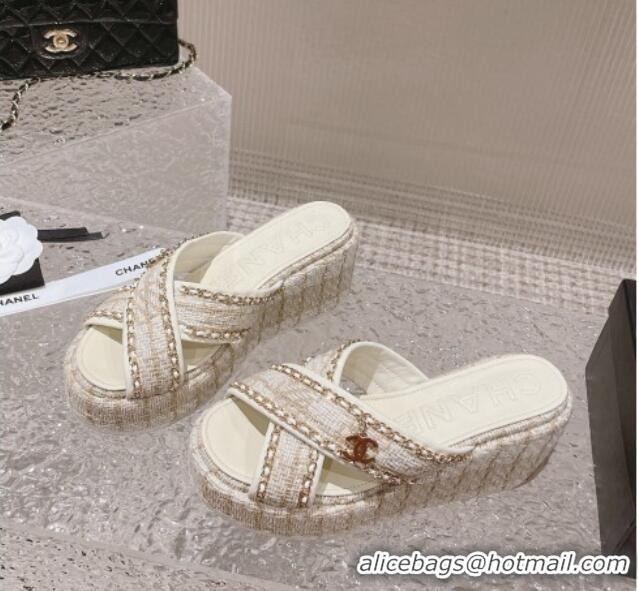 Good Looking Chanel Tweed Platform Slide Sandals 7cm with Chain and CC Tag Beige 525004