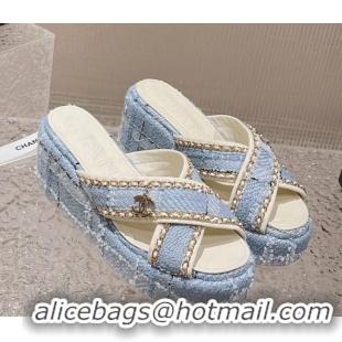 Popular Style hanel Tweed Platform Slide Sandals 7cm with Chain and CC Tag Light Blue 525005