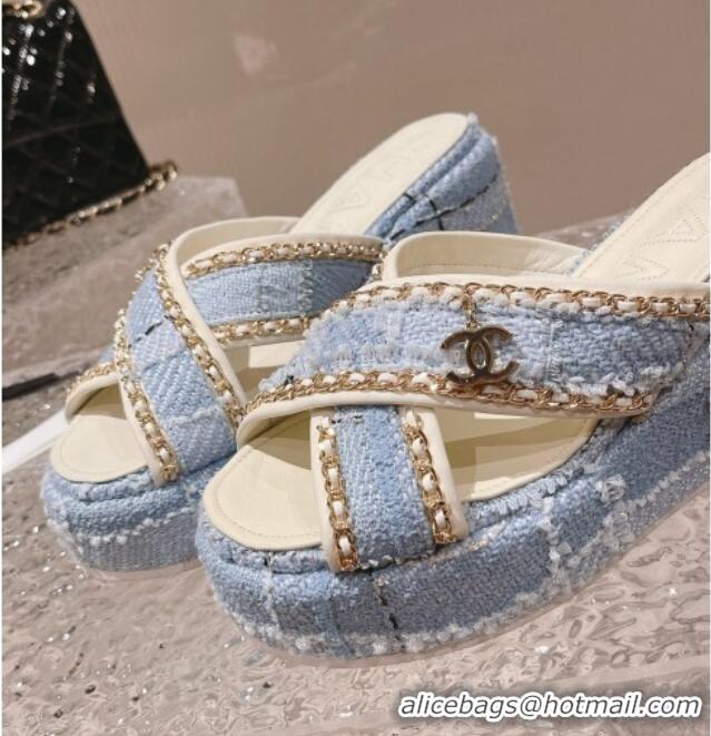 Popular Style hanel Tweed Platform Slide Sandals 7cm with Chain and CC Tag Light Blue 525005