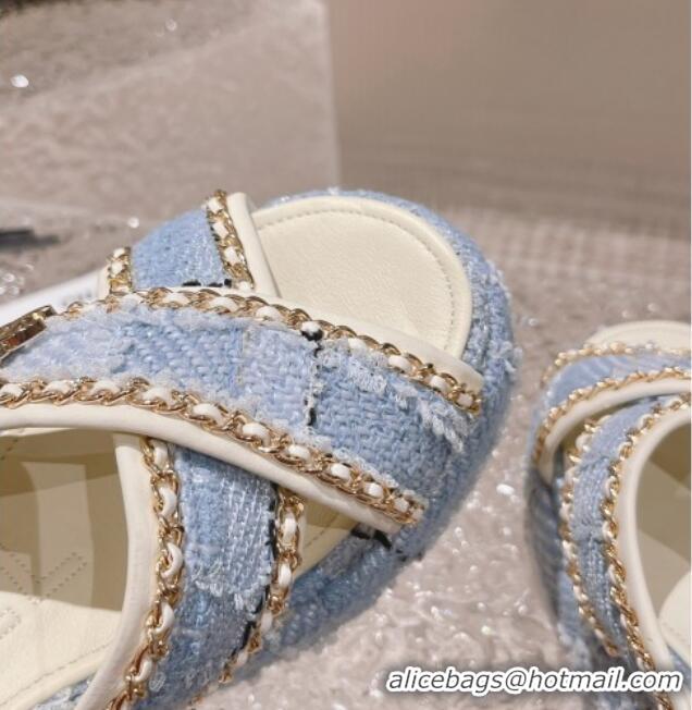 Popular Style hanel Tweed Platform Slide Sandals 7cm with Chain and CC Tag Light Blue 525005