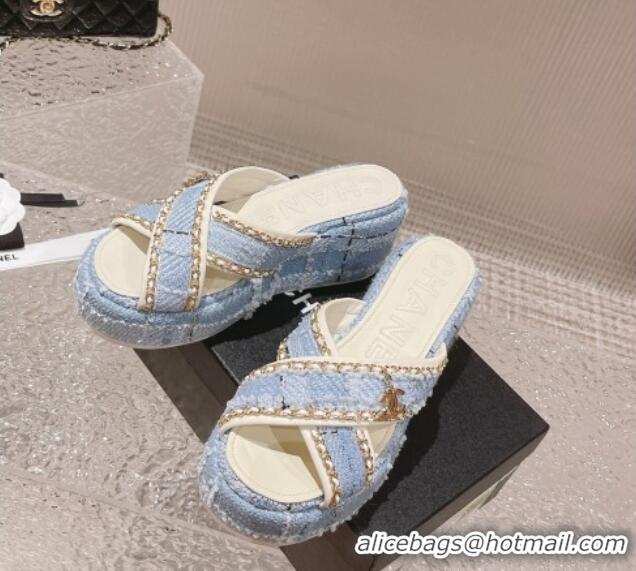 Popular Style hanel Tweed Platform Slide Sandals 7cm with Chain and CC Tag Light Blue 525005