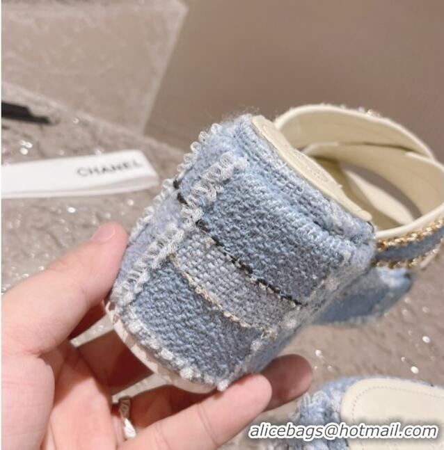 Popular Style hanel Tweed Platform Slide Sandals 7cm with Chain and CC Tag Light Blue 525005