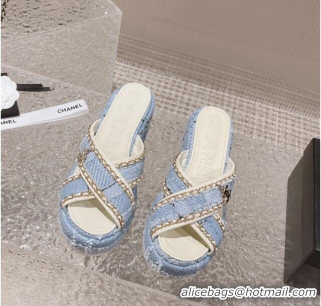 Popular Style hanel Tweed Platform Slide Sandals 7cm with Chain and CC Tag Light Blue 525005