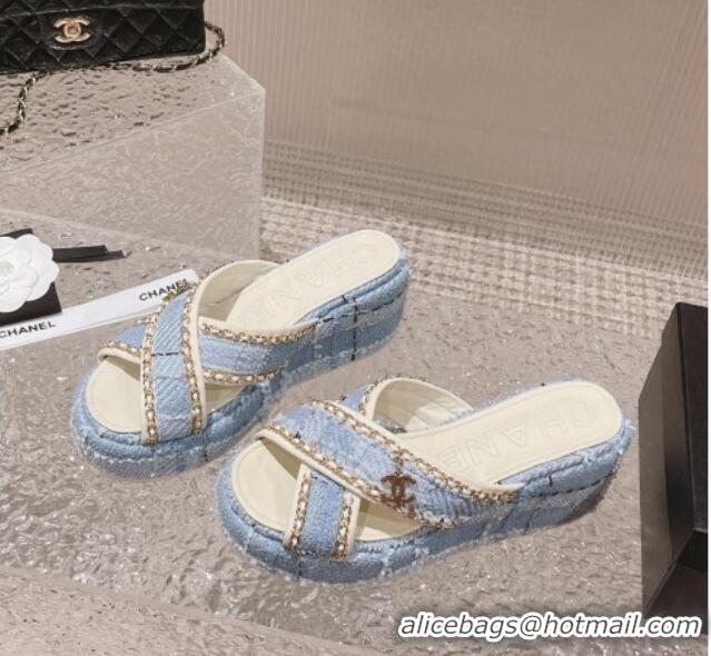 Popular Style hanel Tweed Platform Slide Sandals 7cm with Chain and CC Tag Light Blue 525005