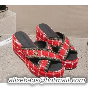 Good Quality Chanel Tweed Platform Slide Sandals 7cm with Chain and CC Tag Red 525006