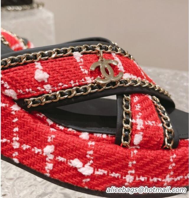 Good Quality Chanel Tweed Platform Slide Sandals 7cm with Chain and CC Tag Red 525006