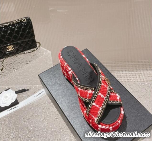 Good Quality Chanel Tweed Platform Slide Sandals 7cm with Chain and CC Tag Red 525006