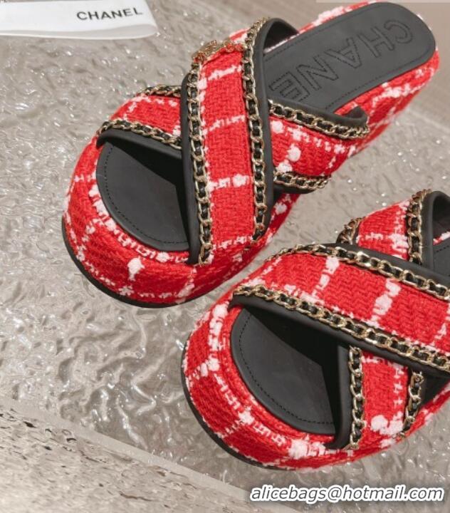 Good Quality Chanel Tweed Platform Slide Sandals 7cm with Chain and CC Tag Red 525006