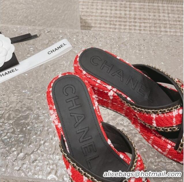 Good Quality Chanel Tweed Platform Slide Sandals 7cm with Chain and CC Tag Red 525006