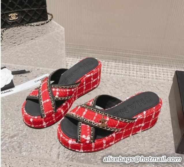 Good Quality Chanel Tweed Platform Slide Sandals 7cm with Chain and CC Tag Red 525006