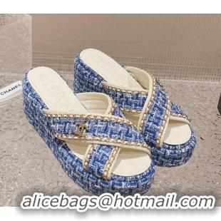 Good Product Chanel Tweed Platform Slide Sandals 7cm with Chain and CC Tag Denim Blue 525007