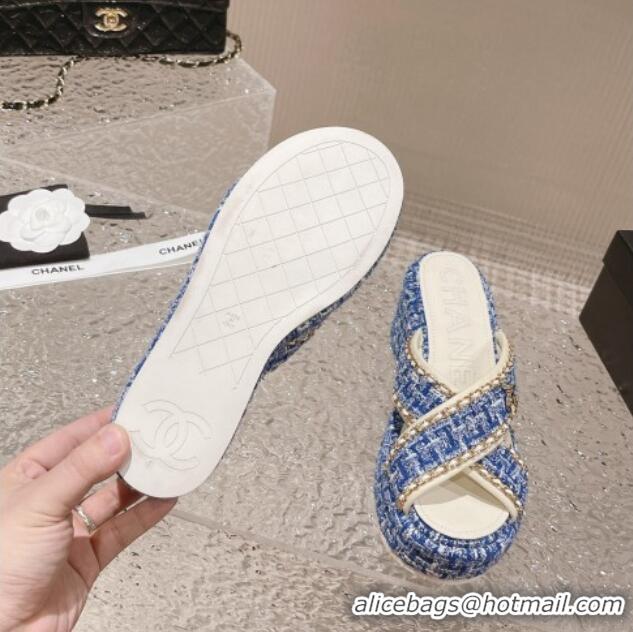 Good Product Chanel Tweed Platform Slide Sandals 7cm with Chain and CC Tag Denim Blue 525007