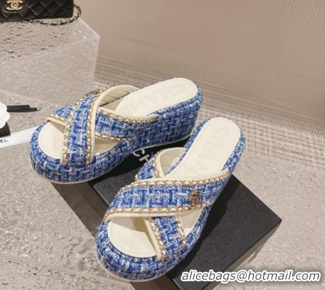 Good Product Chanel Tweed Platform Slide Sandals 7cm with Chain and CC Tag Denim Blue 525007