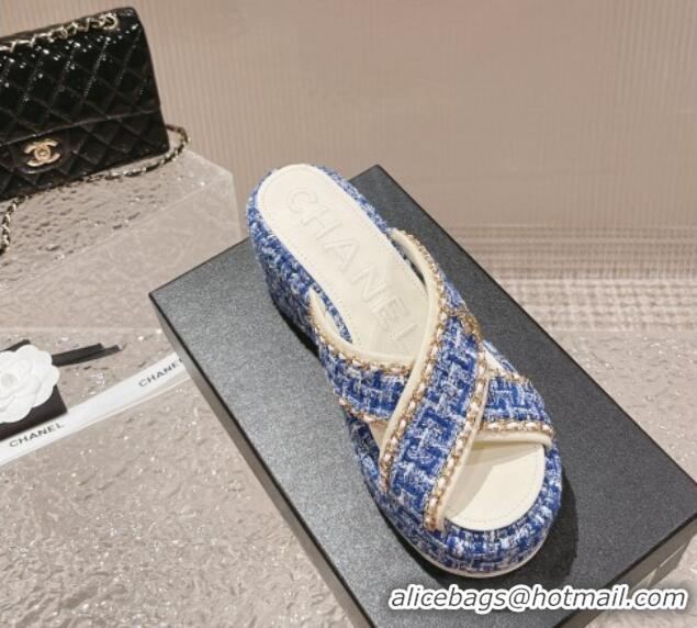 Good Product Chanel Tweed Platform Slide Sandals 7cm with Chain and CC Tag Denim Blue 525007