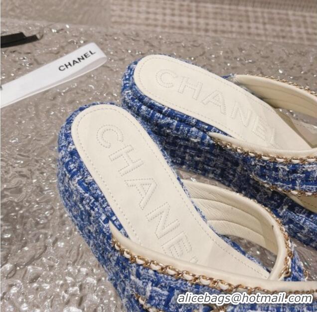 Good Product Chanel Tweed Platform Slide Sandals 7cm with Chain and CC Tag Denim Blue 525007