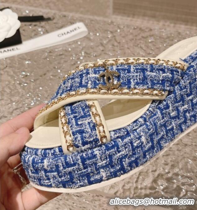 Good Product Chanel Tweed Platform Slide Sandals 7cm with Chain and CC Tag Denim Blue 525007