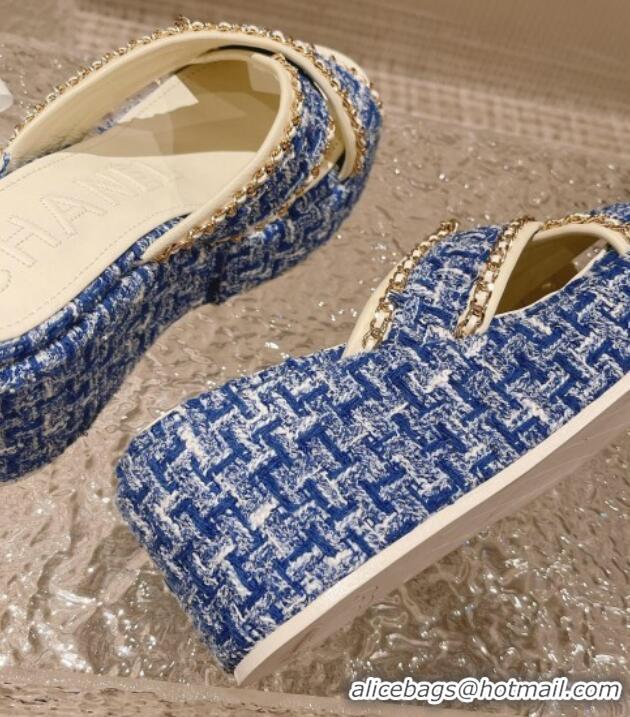 Good Product Chanel Tweed Platform Slide Sandals 7cm with Chain and CC Tag Denim Blue 525007