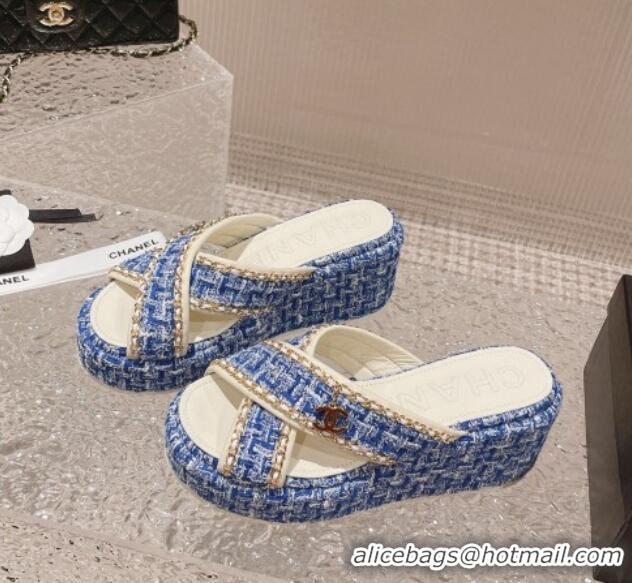 Good Product Chanel Tweed Platform Slide Sandals 7cm with Chain and CC Tag Denim Blue 525007