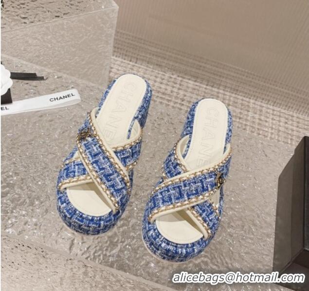 Good Product Chanel Tweed Platform Slide Sandals 7cm with Chain and CC Tag Denim Blue 525007