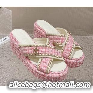 Best Price Chanel Tweed Platform Slide Sandals 7cm with Chain and CC Tag Light Pink 525008