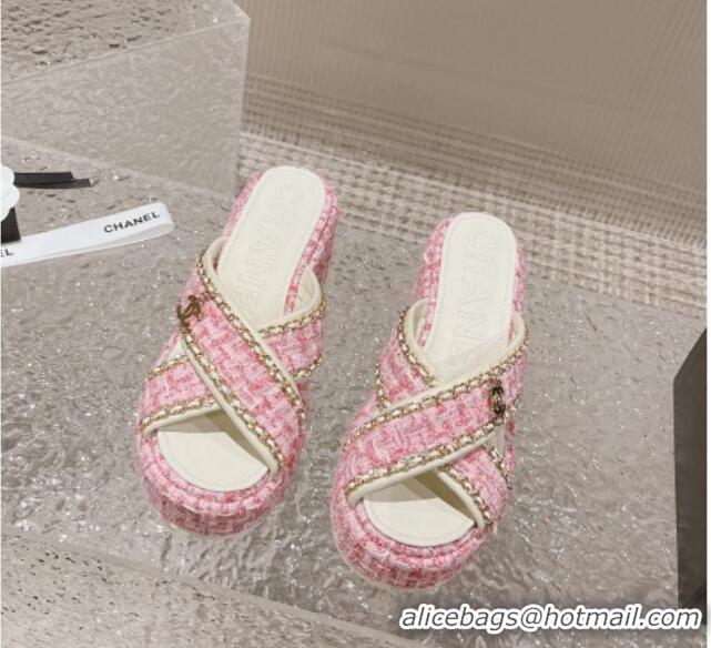 Best Price Chanel Tweed Platform Slide Sandals 7cm with Chain and CC Tag Light Pink 525008