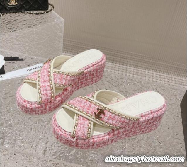 Best Price Chanel Tweed Platform Slide Sandals 7cm with Chain and CC Tag Light Pink 525008