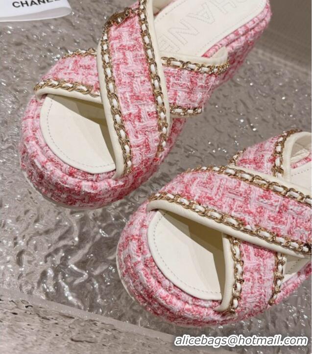 Best Price Chanel Tweed Platform Slide Sandals 7cm with Chain and CC Tag Light Pink 525008