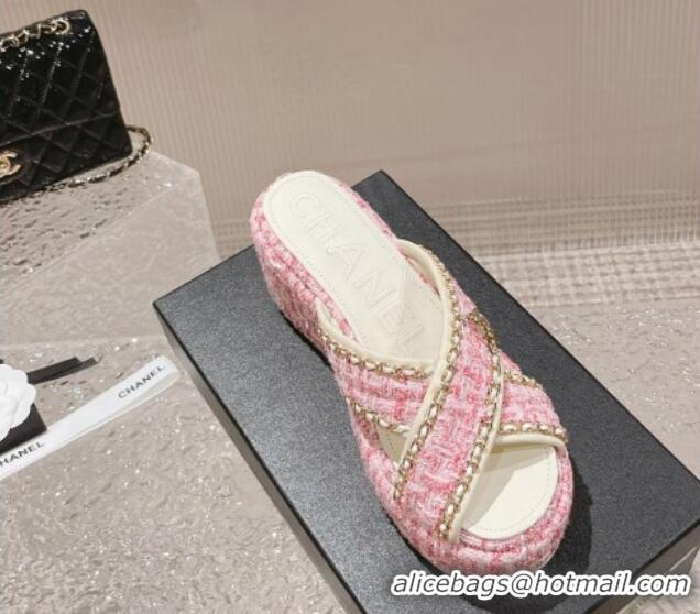 Best Price Chanel Tweed Platform Slide Sandals 7cm with Chain and CC Tag Light Pink 525008