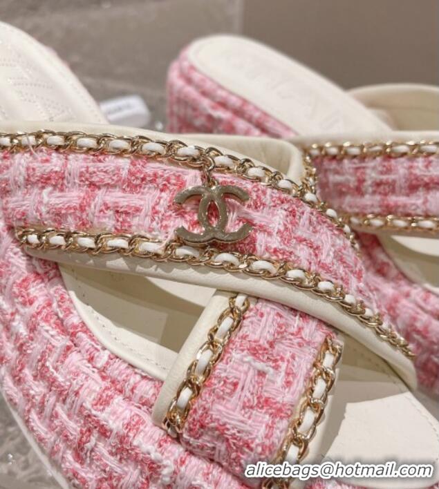 Best Price Chanel Tweed Platform Slide Sandals 7cm with Chain and CC Tag Light Pink 525008