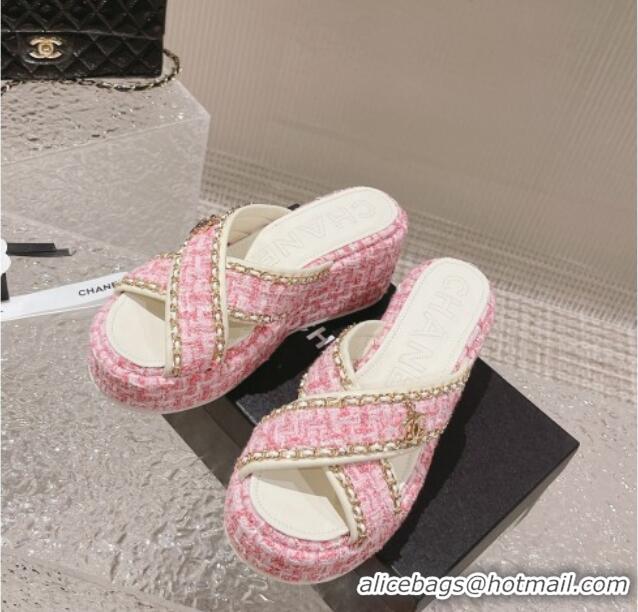 Best Price Chanel Tweed Platform Slide Sandals 7cm with Chain and CC Tag Light Pink 525008