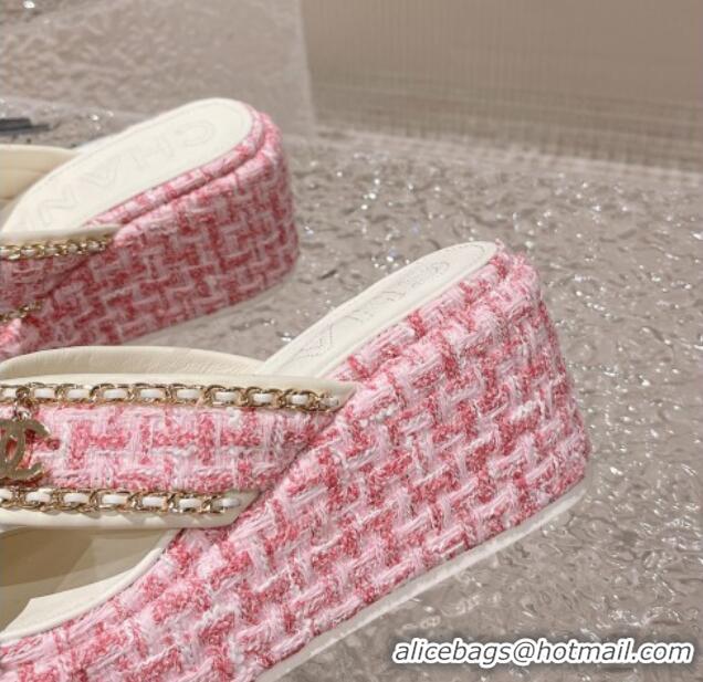 Best Price Chanel Tweed Platform Slide Sandals 7cm with Chain and CC Tag Light Pink 525008