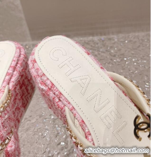 Best Price Chanel Tweed Platform Slide Sandals 7cm with Chain and CC Tag Light Pink 525008