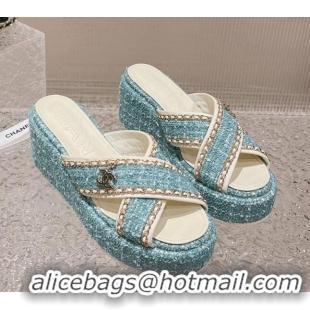 Sophisticated Chanel Tweed Platform Slide Sandals 7cm with Chain and CC Tag Light Green 525009