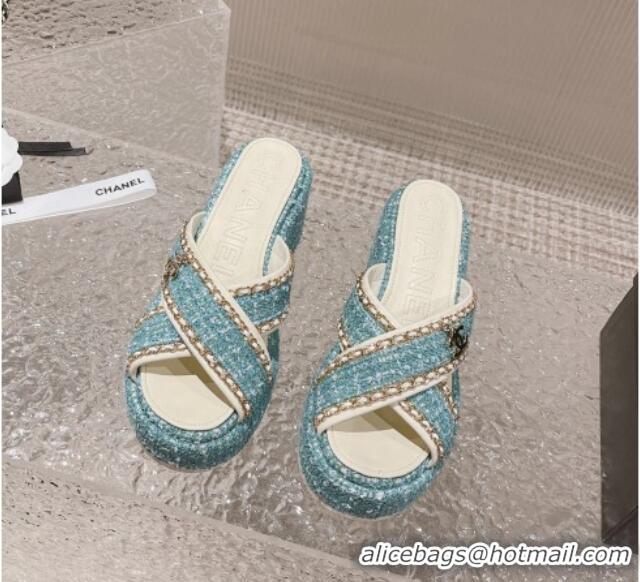 Sophisticated Chanel Tweed Platform Slide Sandals 7cm with Chain and CC Tag Light Green 525009