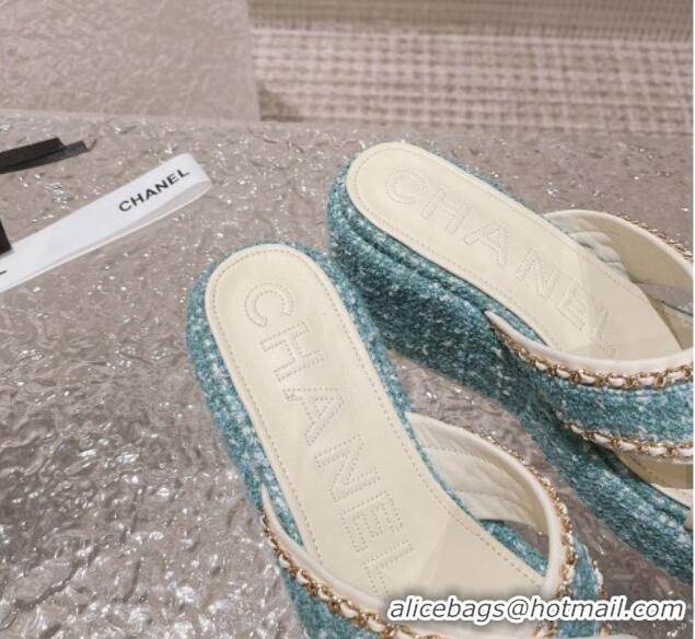 Sophisticated Chanel Tweed Platform Slide Sandals 7cm with Chain and CC Tag Light Green 525009