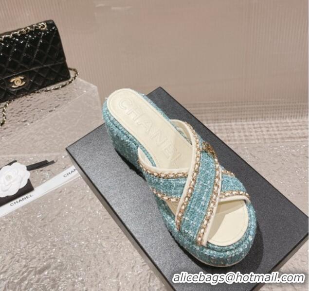 Sophisticated Chanel Tweed Platform Slide Sandals 7cm with Chain and CC Tag Light Green 525009