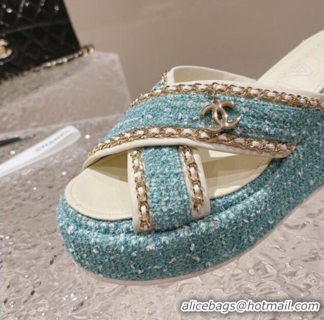 Sophisticated Chanel Tweed Platform Slide Sandals 7cm with Chain and CC Tag Light Green 525009