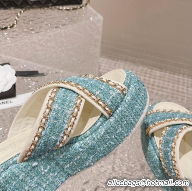 Sophisticated Chanel Tweed Platform Slide Sandals 7cm with Chain and CC Tag Light Green 525009