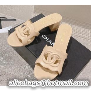 Classic Hot Chanel Wave CC Calfskin Heel Slide Sandals 5.5cm Nude 525010