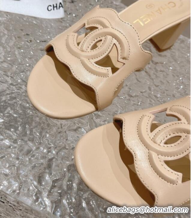 Classic Hot Chanel Wave CC Calfskin Heel Slide Sandals 5.5cm Nude 525010