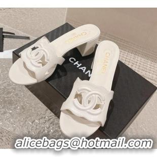 Good Quality Chanel Wave CC Calfskin Heel Slide Sandals 5.5cm White 525011