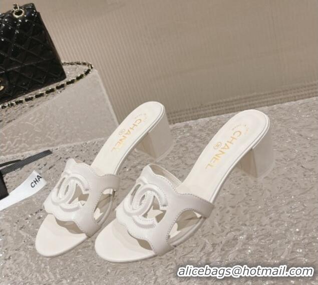 Good Quality Chanel Wave CC Calfskin Heel Slide Sandals 5.5cm White 525011