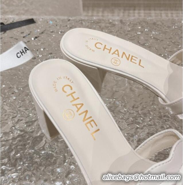 Good Quality Chanel Wave CC Calfskin Heel Slide Sandals 5.5cm White 525011