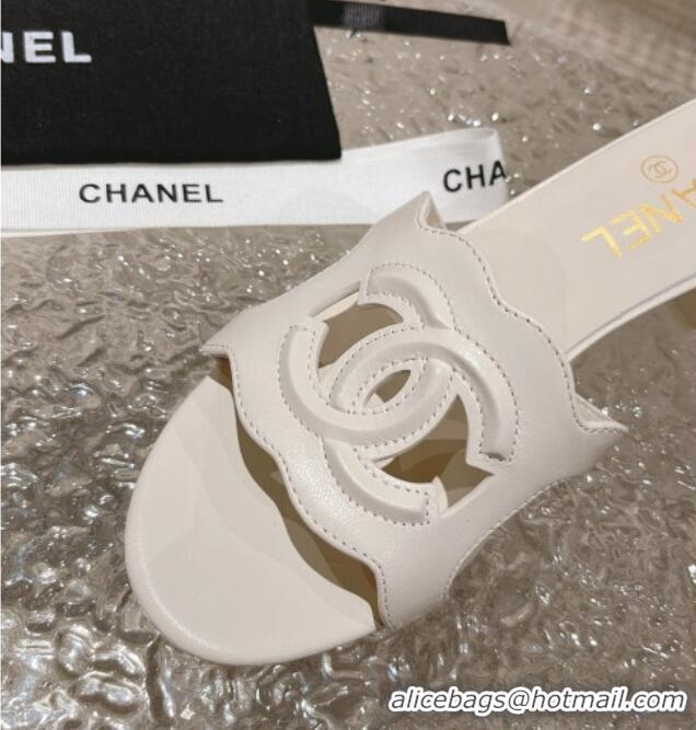 Good Quality Chanel Wave CC Calfskin Heel Slide Sandals 5.5cm White 525011