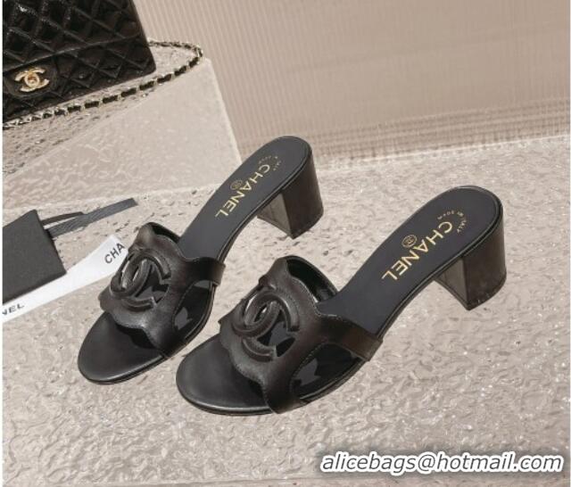 Top Grade Chanel Wave CC Calfskin Heel Slide Sandals 5.5cm Black 525012